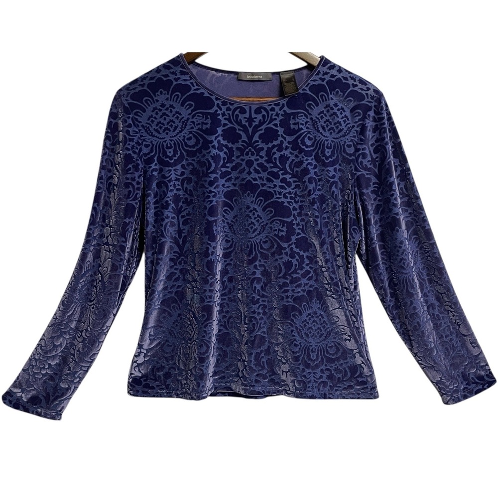 Liz Claiborne Velvet Burnout Top Women Large Purple Damask Long Sleeve